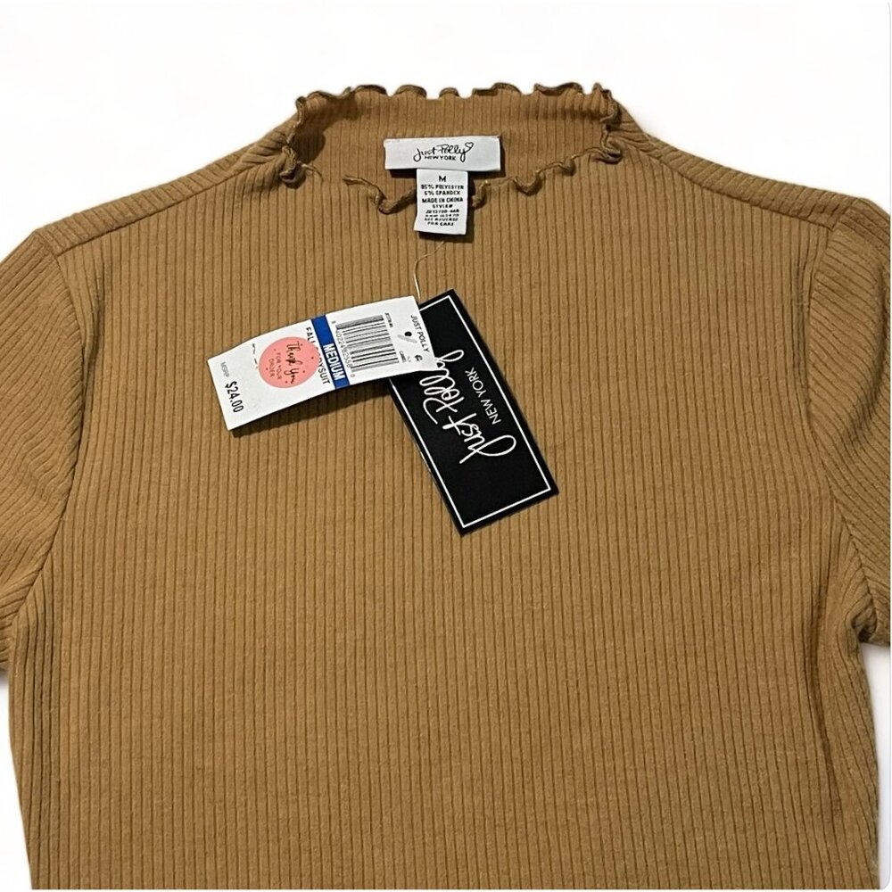 Just Polly Juniors' Long Bell-Sleeve Ribbed Bodysuit - Camel Tan, Size M, New - Picture 3 of 12